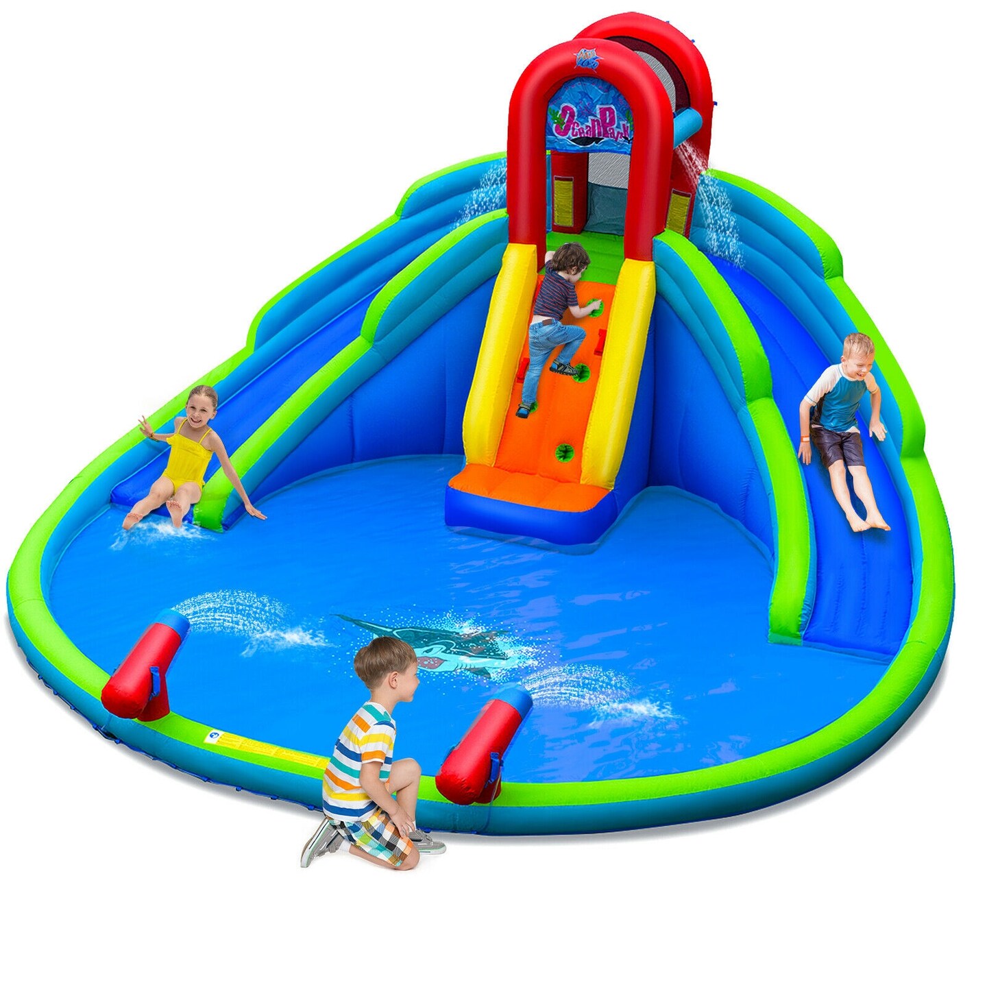Kids Inflatable Water Bouncer with Dual Slides Climbing Wall and Splash Pool Blue Green