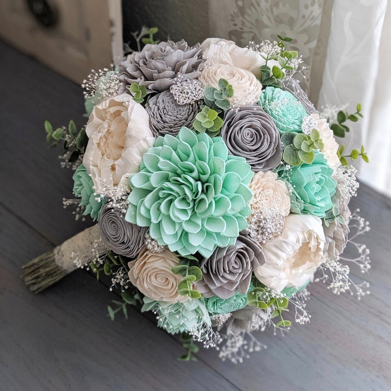 Mint, Light Gray, and Ivory Sola Wood Flower Bouquet with Baby's Breath and Spiral Eucalyptus