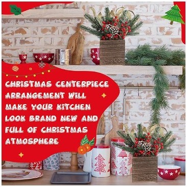 2 Packs Christmas Floral Arrangement Centrepieces Table Assorted Flower Arrangements with Pinecones Red Berries for Farmhouse Rustic Christmas Table Mantel Decoration