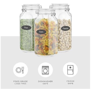 Glass Jars with Lids that are Airtight 78oz Glass Jar with Lid and 6 Silicone Seals in a Set of 3! Glass Food Storage Containers in Bulk. Containers for Candy, Flour, and Pasta in a Square Mason Jar