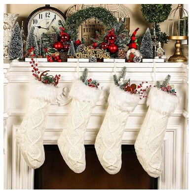 15 Inch Farmhouse Knit Christmas Stockings 4 Pieces Cable Knitted Christmas Stocking Bulk Knit Stockings in Black and White with Plush Faux Fur for the Family Holiday Fireplace