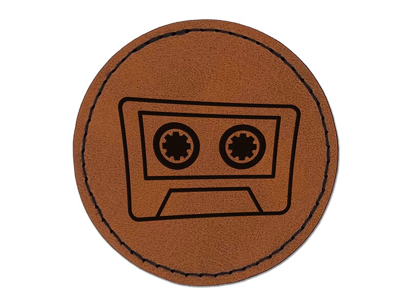 Retro Cassette Mix Tape Round Iron-On Engraved Faux Leather Patch Applique - 2.5&#x22;