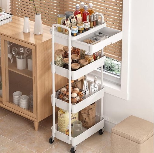 White 4-Tier Rolling Cart with Drawer, Kitchen Storage Organizer with Plastic Shelf and Metal Wheels, Suitable for Living Room, Kitchen, Office, and Bathroom.
