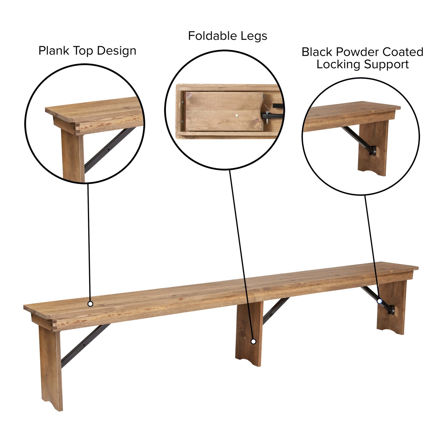 Emma and Oliver 8&#x27; x 12&#x22; Antique Rustic Solid Pine Folding Farm Bench - Portable Bench