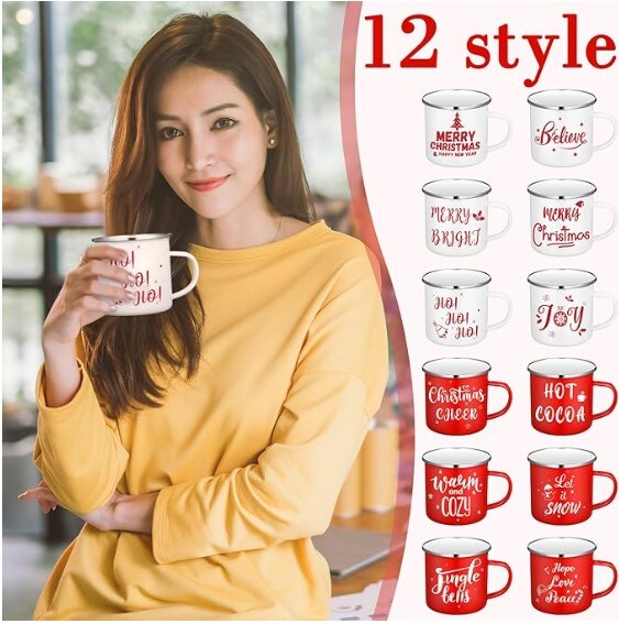 Christmas Enamel Winter Holiday Coffee Mugs with Quotes 12 Pcs Seasonal Merry Christmas Mugs 12 Oz Cups in white and red (Believe) Funny Novelty Xmas Coffee Mugs for Women, Coworkers, and Kids