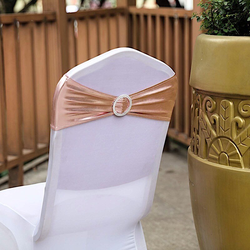 Metallic Silver Spandex Chair Sashes with Round Buckles for Wedding Decor