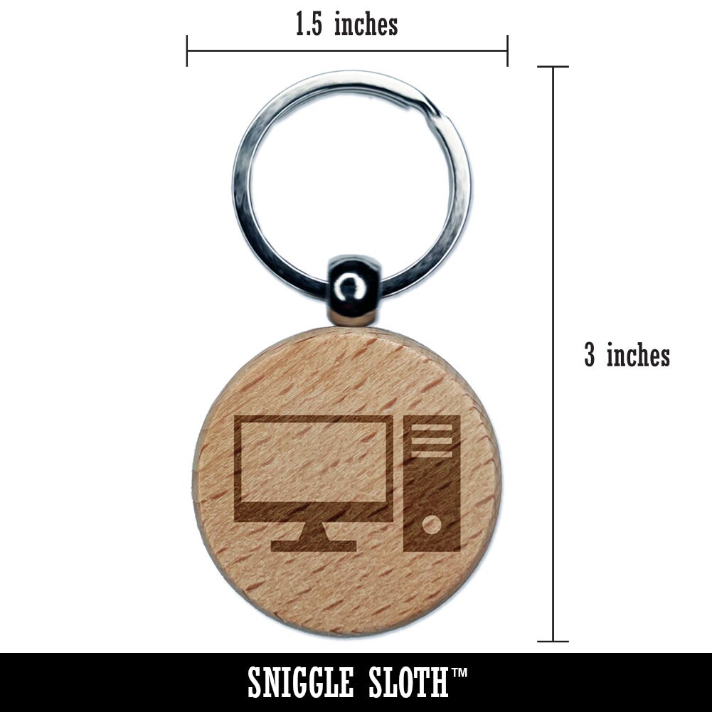Desktop Computer Icon Engraved Wood Round Keychain Tag Charm