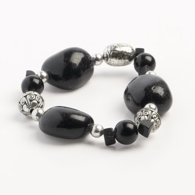 Earth&#x27;s Jewels Semi-Precious Dyed Onyx Natural Black Jasper Stretch Bracelet #60