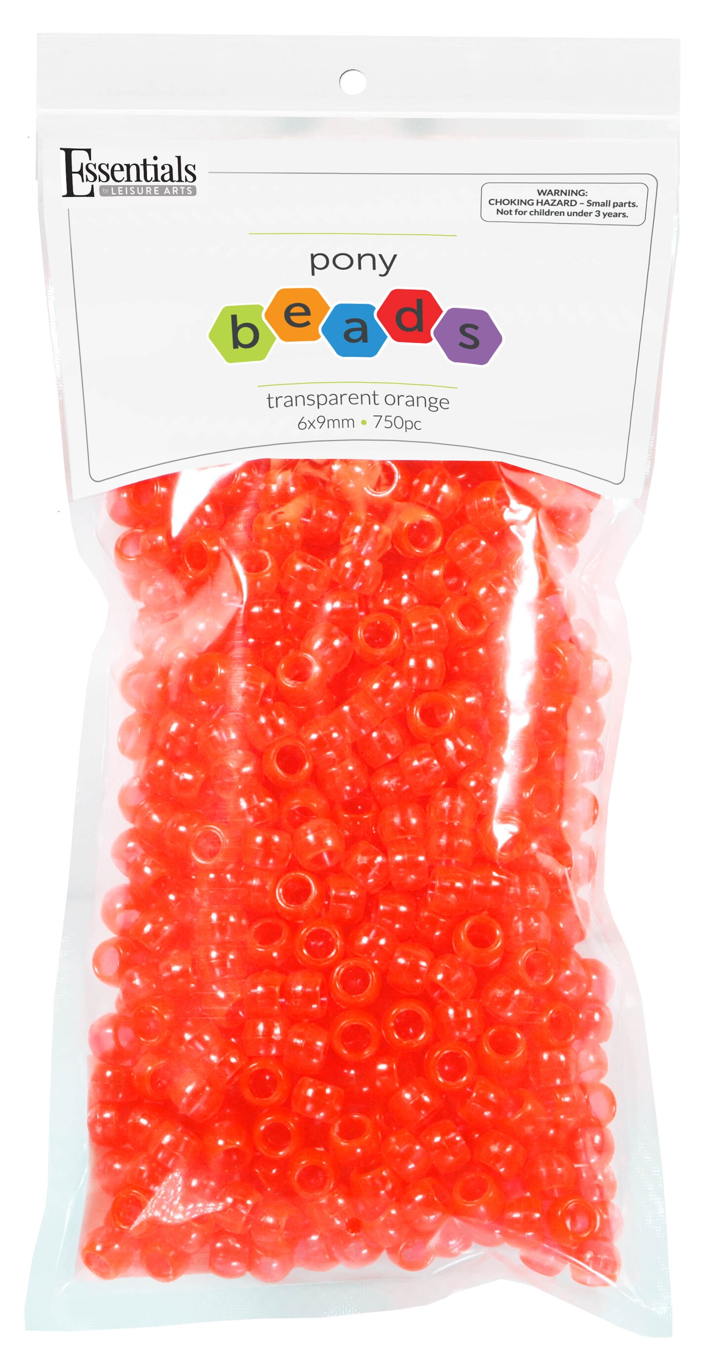 Essentials by Leisure Arts Pony Bead 6mm x 9mm Transparent Orange Plastic Pony Beads Bulk 750 pieces for Arts, Crafts, Bracelet, Necklace, Jewelry Making, Earring, Hair Braiding