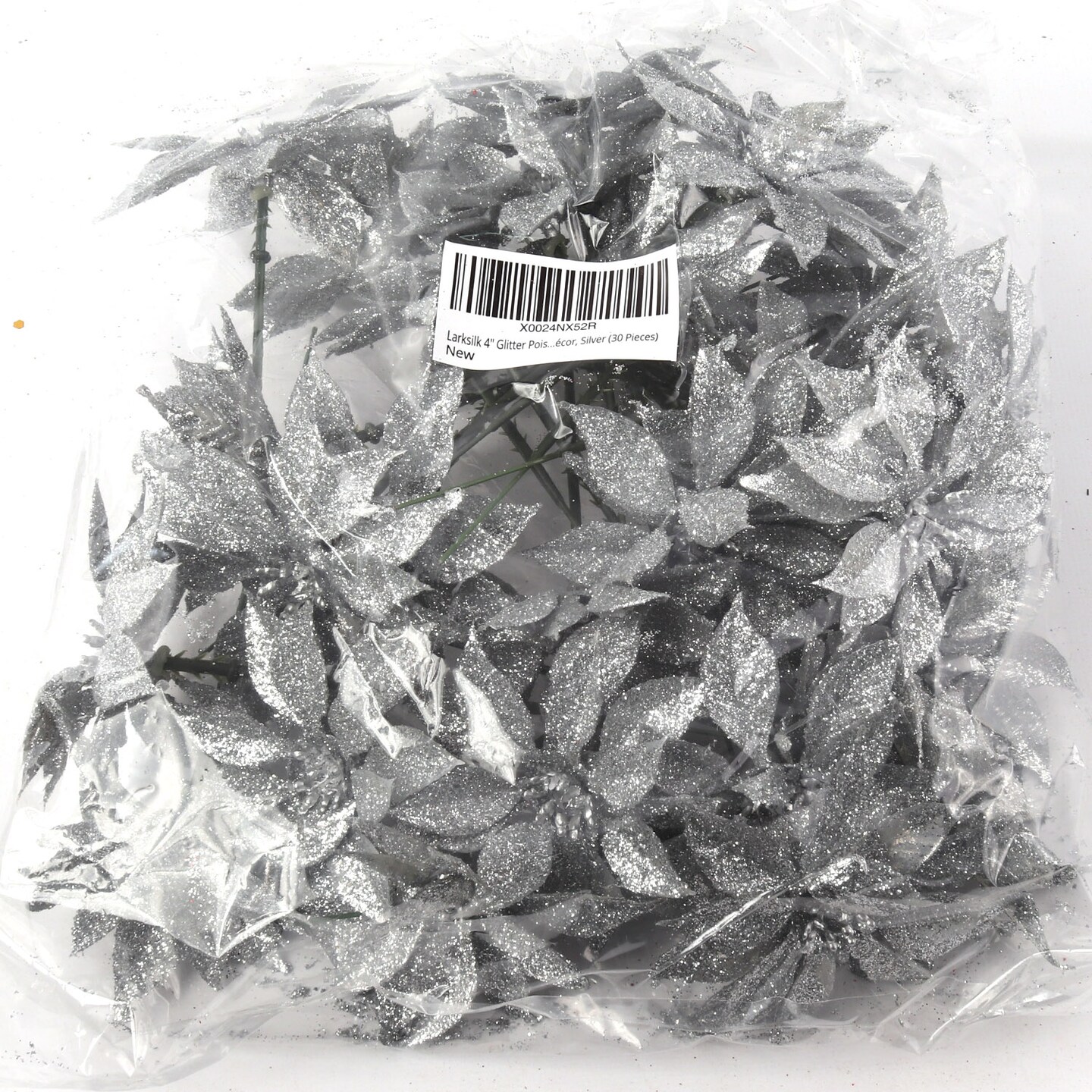 48 Sparkling Silver Glitter Poinsettia Picks - 5-Inch - Festive Holiday Decor, Floral Home by Artificial Flowers