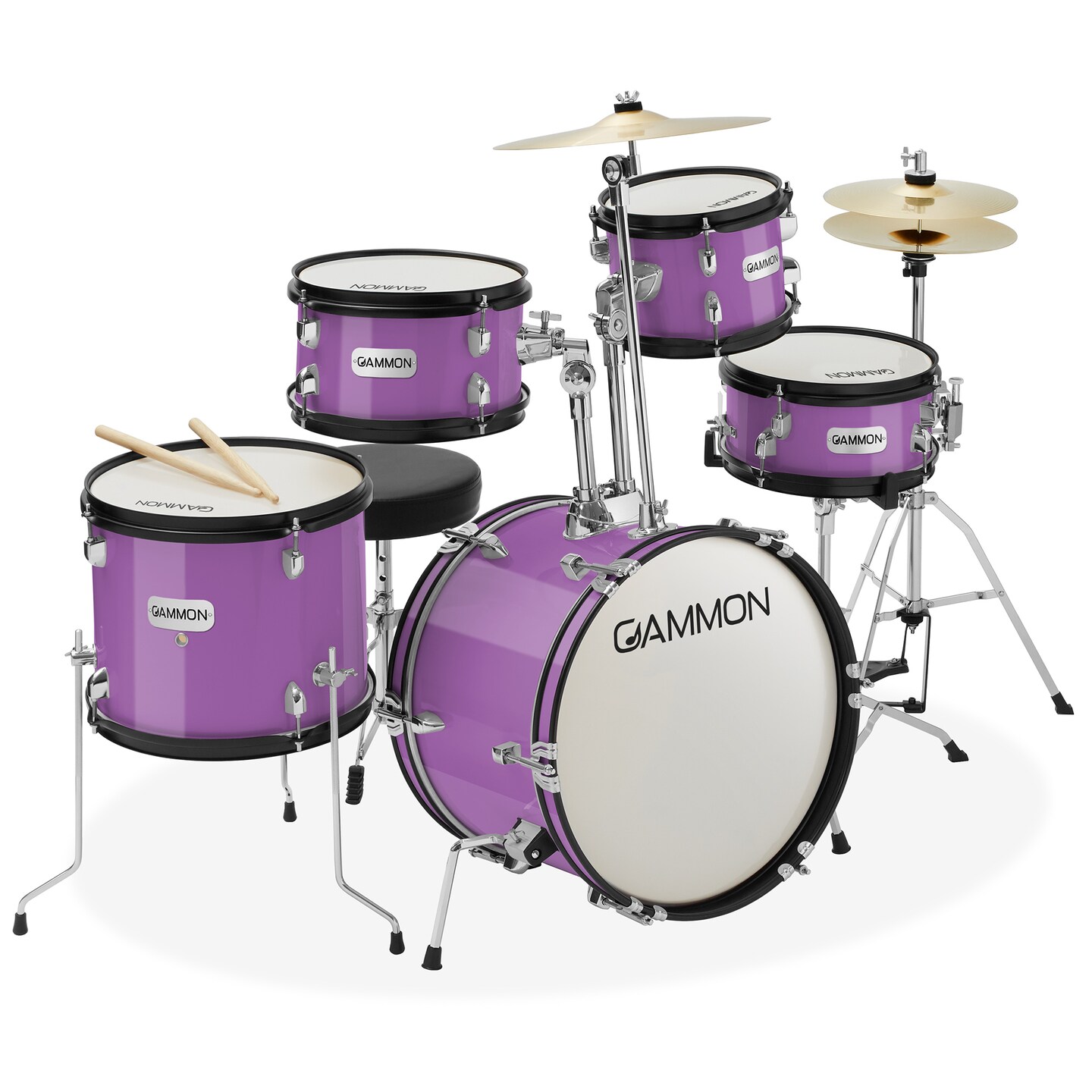 Gammon Percussion 5-Piece Junior Starter Drum Kit with Cymbals, Hardware, Sticks, & Throne