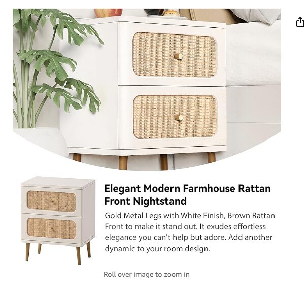 2-Drawer End Table White Finish Side Table for Small Spaces, Modern Farmhouse Wooden Bedside Table, Boho Mid-Century Coastal Storage Cabinet, Wicker Rattan Nightstand Set of 2.