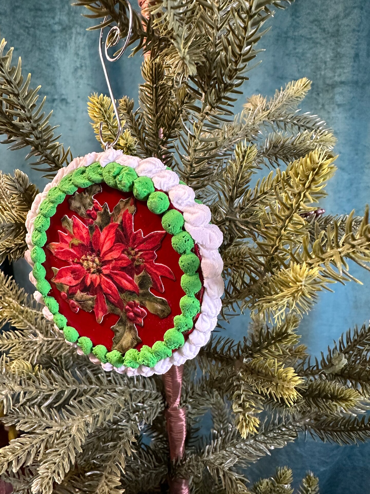 Handcrafted Christmas Ornament with Poinsettias and Cheer Accented with Fake  Frosting