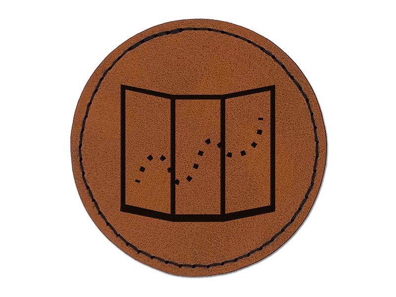 Hiking Trail Travel Map Icon Round Iron-On Engraved Faux Leather Patch Applique - 2.5&#x22;