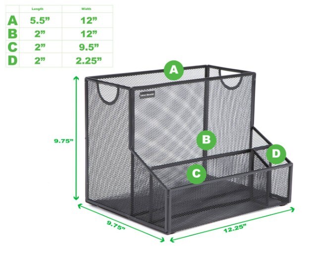 Network Collection, 4-Compartment Desktop Organizer, Vertical File Storage, Letter Size, Document Holder, 3 Accessory Storage Compartments, Metal Mesh, 12.15" L x 9.5" W x 9.5" H, Black