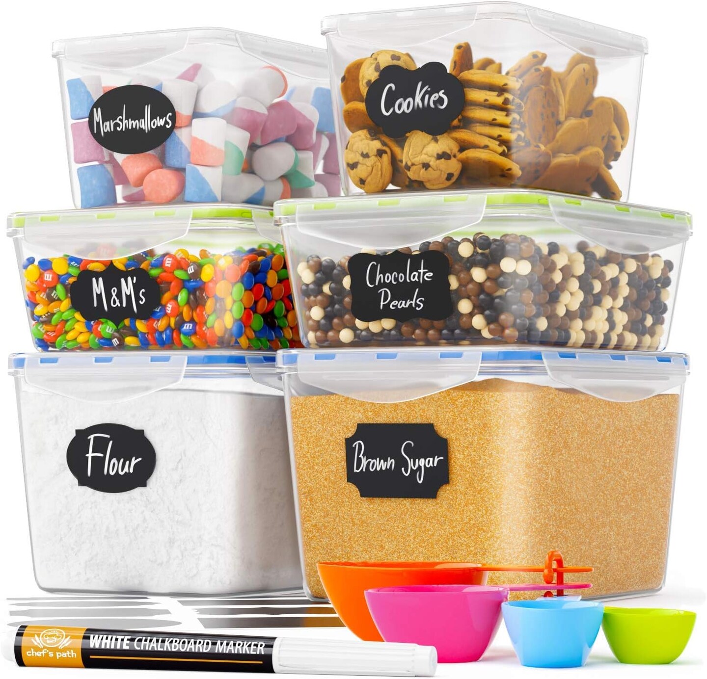 Path Food Storage Containers - Pantry Organization and Storage - Great for Flour, Sugar, Baking Supplies - Airtight Kitchen Bulk Food Canisters - BPA-Free - 6 PC Set - Spoons, 8 Labels &#x26; Pen