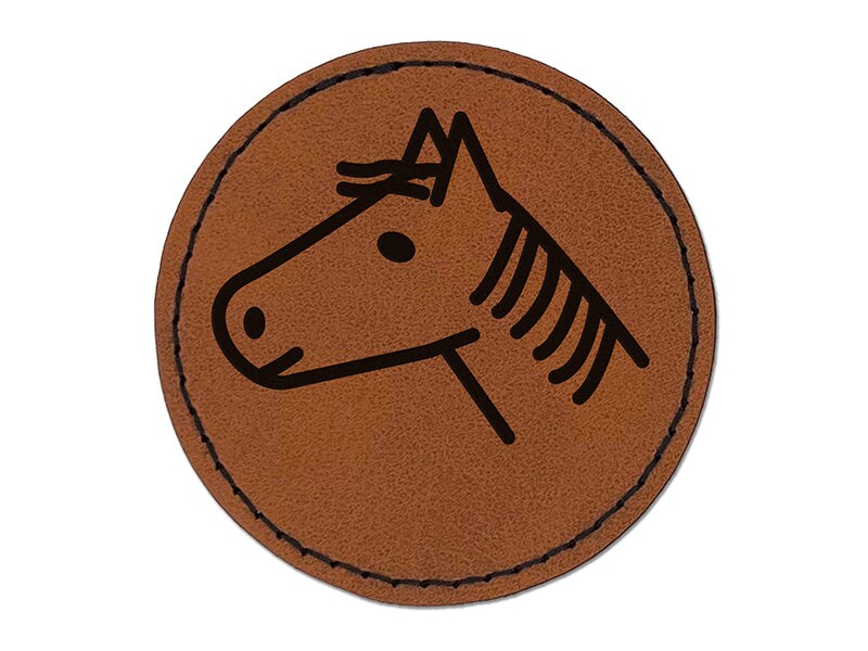 Horse Head Profile Doodle Round Iron-On Engraved Faux Leather Patch Applique - 2.5&#x22;