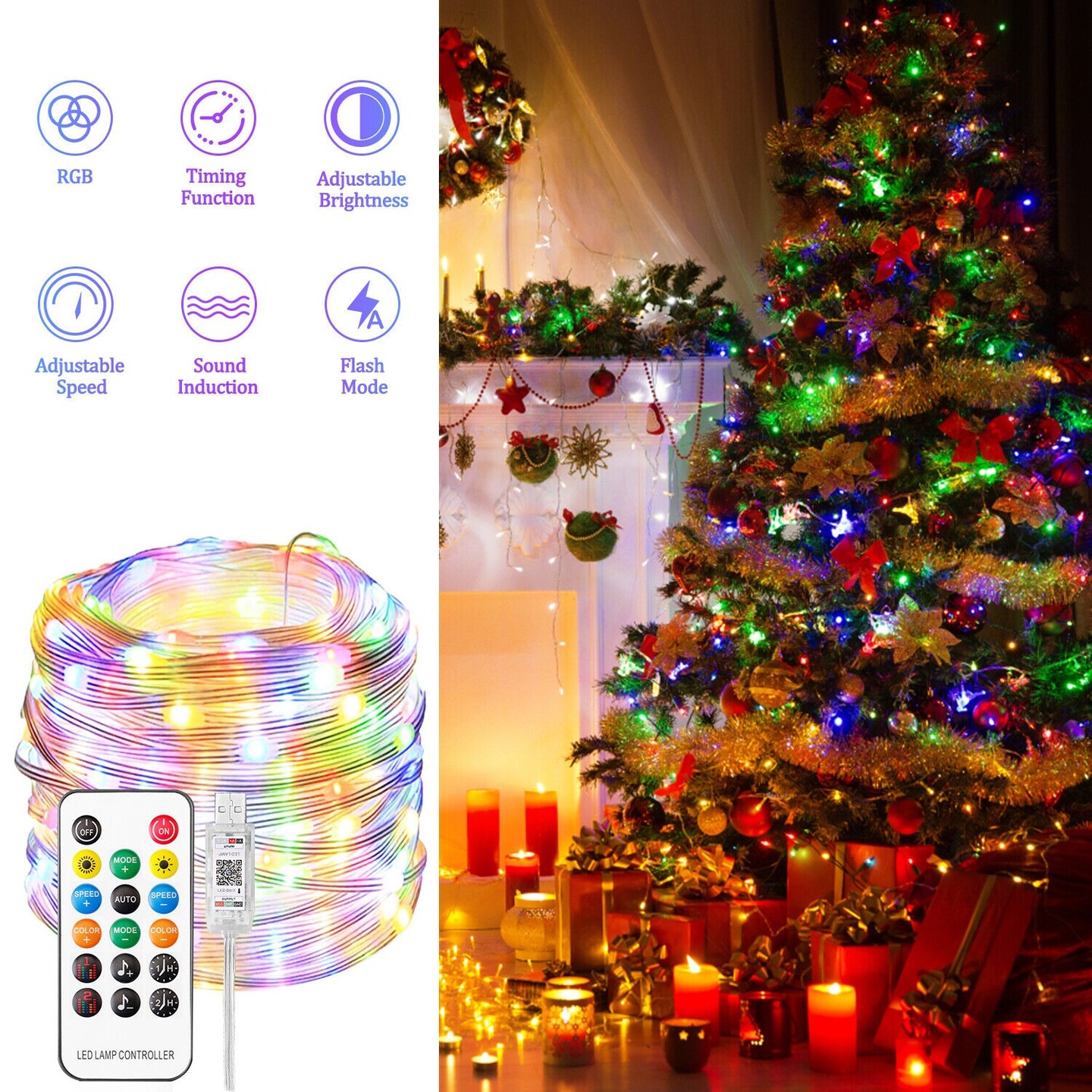 100LED Sound-Activated Christmas Lights with Remote and App Control