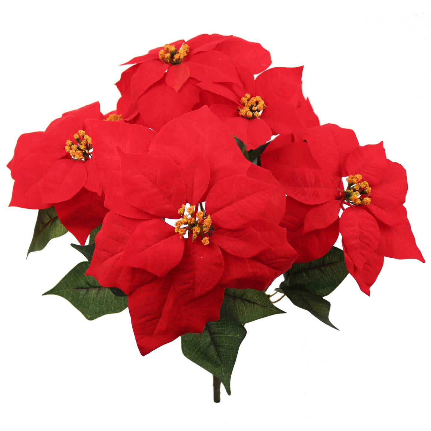 Red Velvet Poinsettia Bush, 20" Christmas Decoration with 7 Silk Blooms