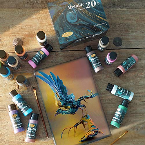 Metallic Acrylic Paint Set of Premium 20 Colors，Professional Grade Metallic  Paints with Bottles (2fl oz 60ml), Rich Pigments of Non Fading and Toxic  Paints for Artist Hobby Painters Kids
