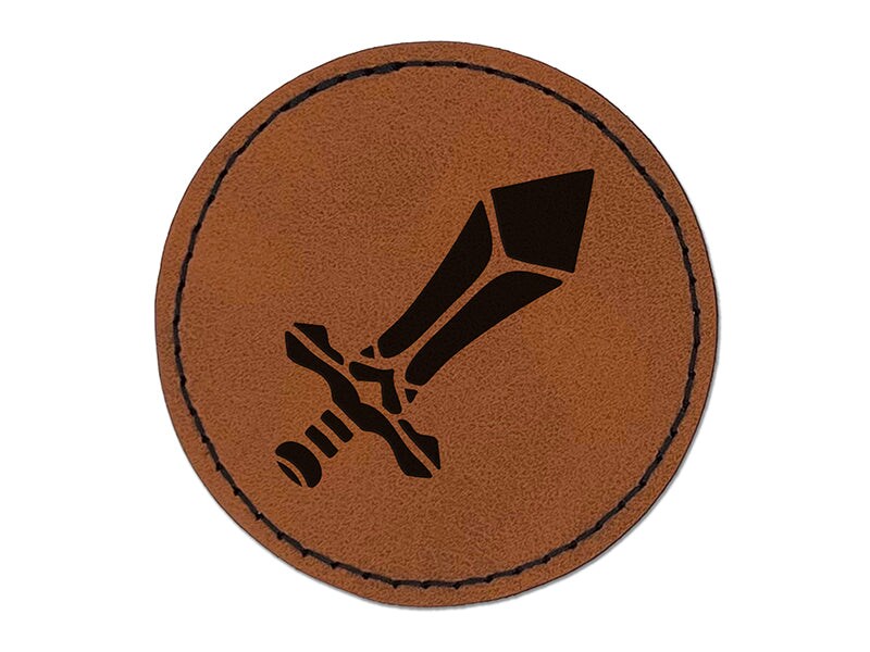 Sword Blade Fighter Fantasy Weapon Round Iron-On Engraved Faux Leather Patch Applique - 2.5&#x22;