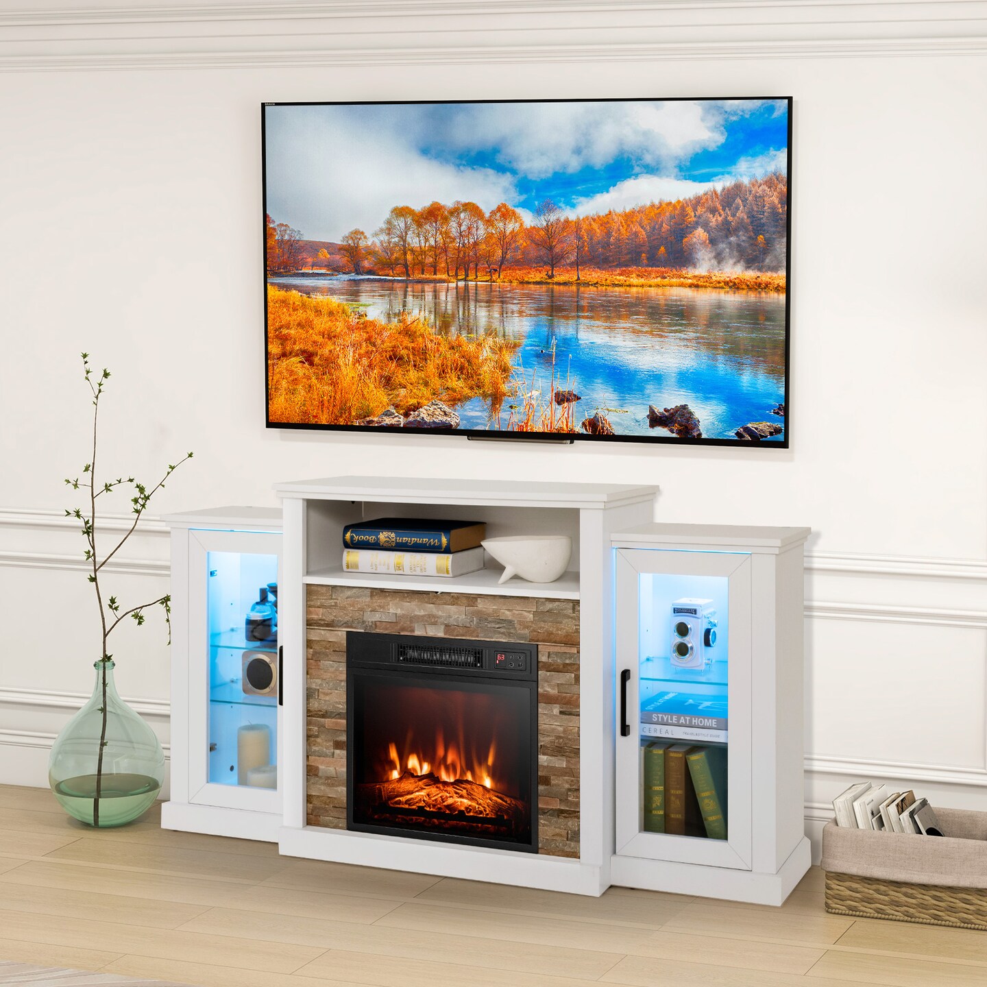 Fireplace Entertainment Center Stand with 16-Color LED Lights for TVs