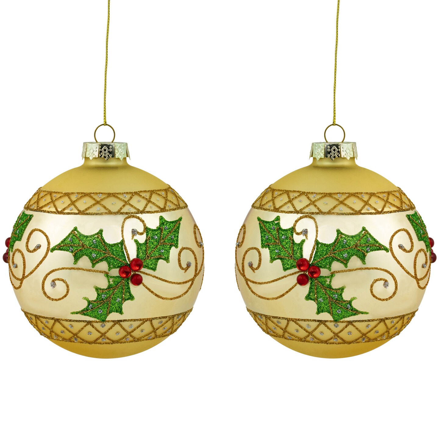 Northlight Glittered Holly and Berries Christmas Glass Ball Ornaments - 4&#x22; - Gold - Set of 2