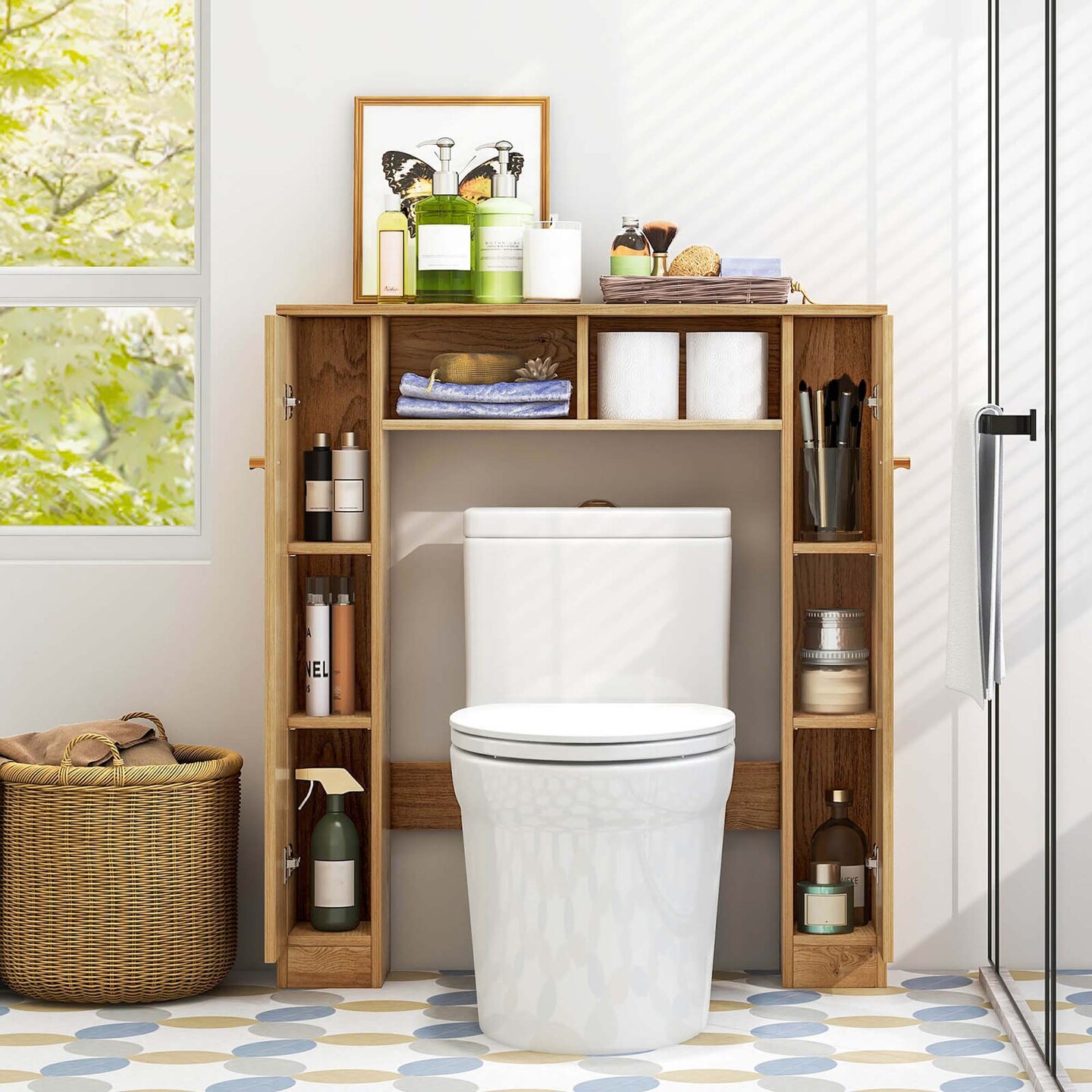 Costway Over The Toilet Storage Cabinet Double Door Bathroom Toilet Storage Organizer Natural/White