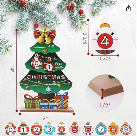 14&#x22; Wooden Advent Calendar, Colorful Xmas Tree Tabletop Centerpieces Decorations Indoor with &#x27;Merry Christmas&#x27; Printed, Large Wood X-mas Ornaments Home Decoration