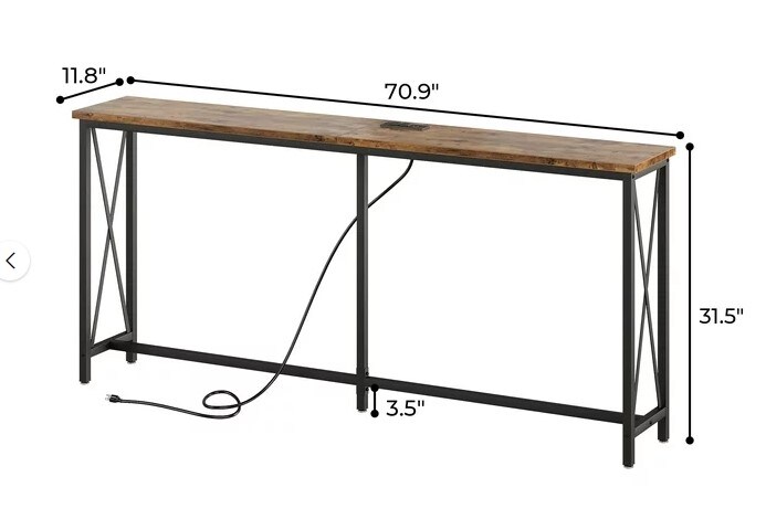 Entryway Table with Metal Frame, X-Shaped Design, 2 Outlets &#x26; 2 USB Ports, Narrow Sofa Table for Living Room, Hallway, Rustic Brown 70 inch Console Table with Power Outlets