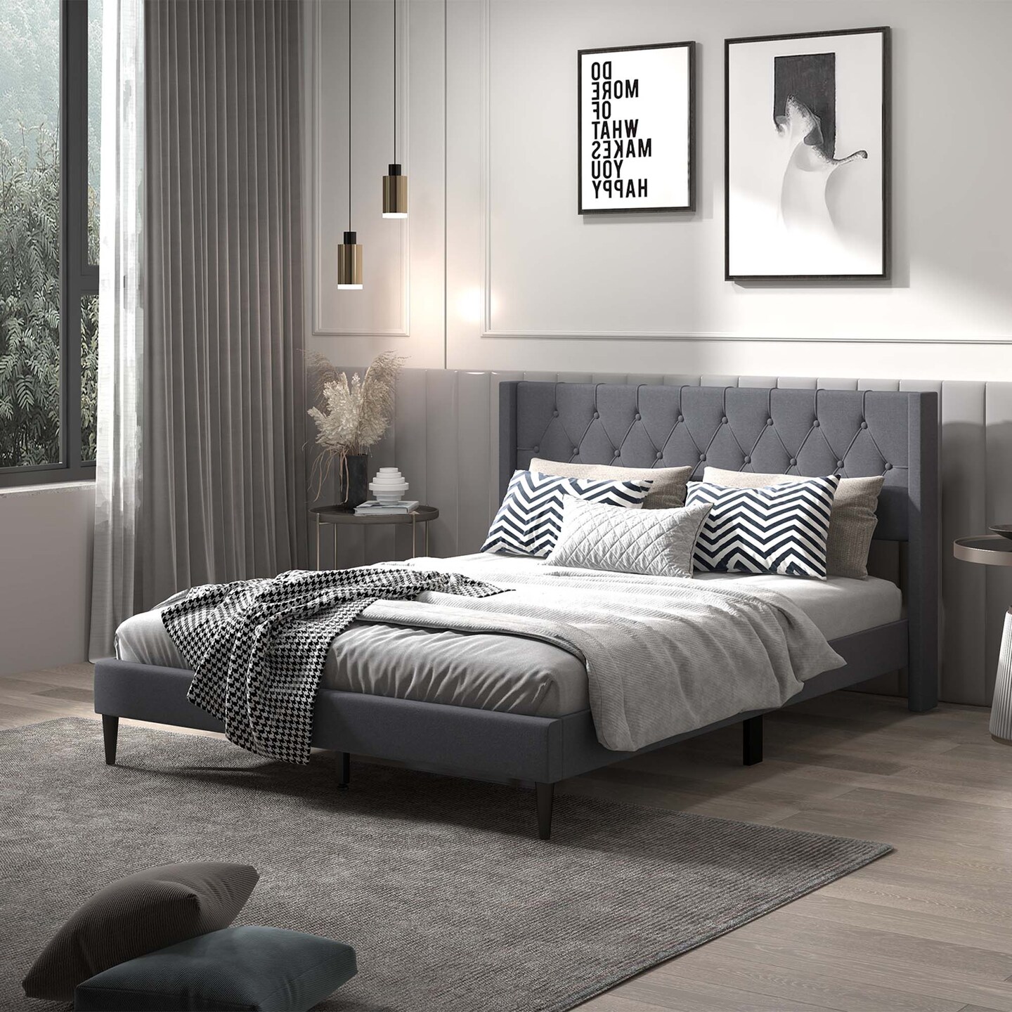 Costway Queen Size Upholstered Platform Bed with Button Tufted Wingback Headboard Blue/Grey