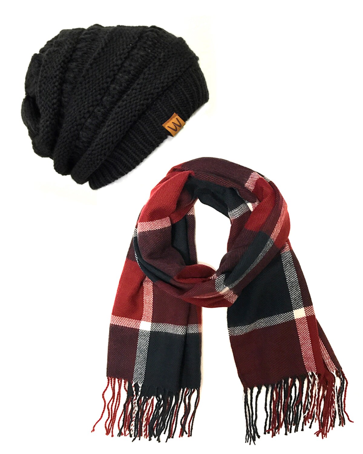 Wrapables Plaid Print Long Winter Warm Scarf and Beanie Hat Set, Navy / Wine + Black Beanie