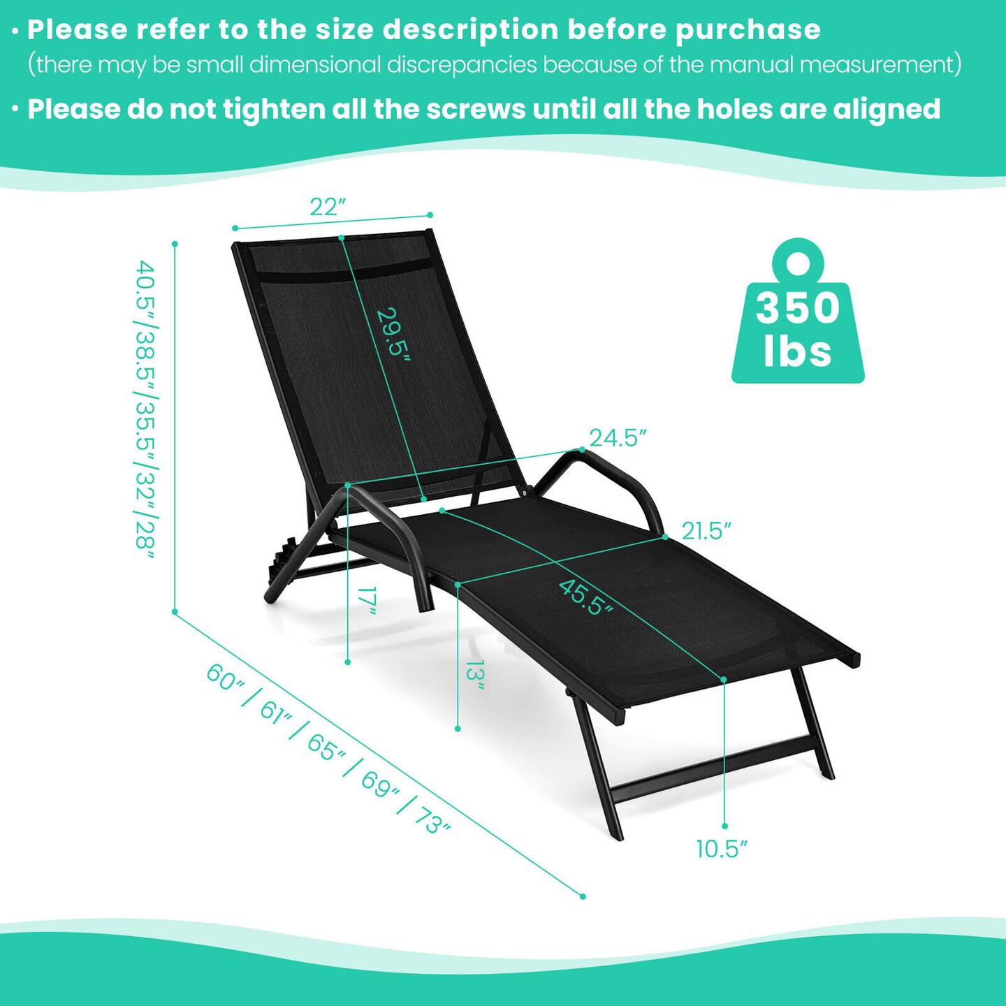 2 Pieces Outdoor Chaise Lounge with 5-Position Adjustable Backrest-Black