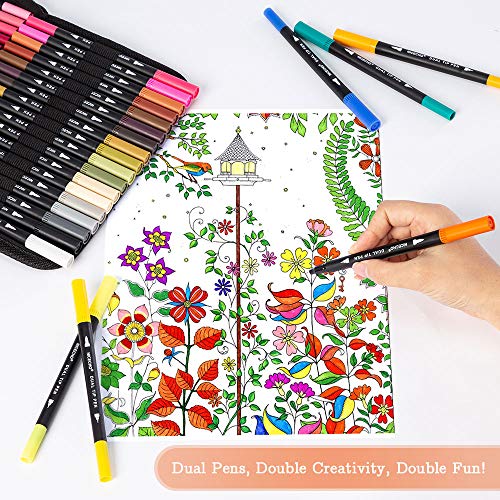 Art Markers Dual Brush Pens for Coloring, 60 Artist Colored Marker Set, Fine and Brush Tip Pen Art Supplier for Kids Adult Coloring Books, Bullet Journaling, Drawing