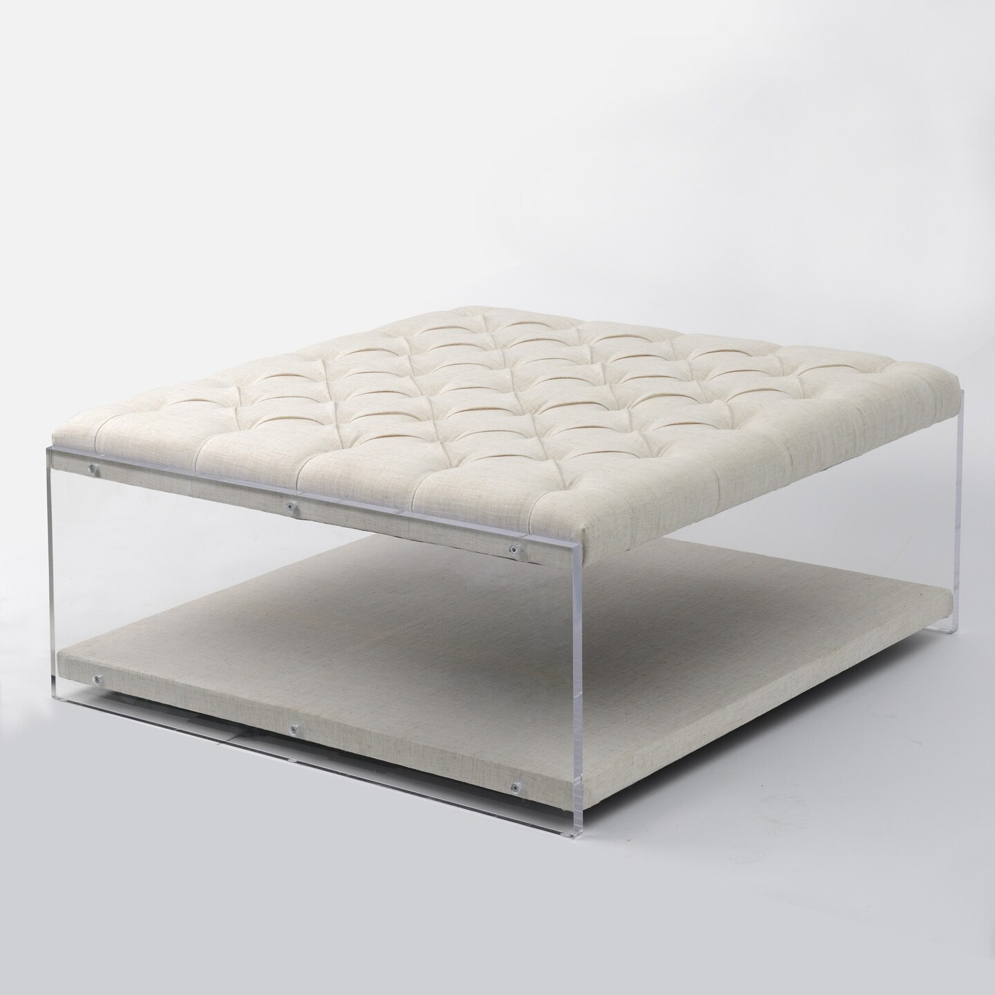 Fleur Linen/Velvet Button Tufted Clear Acrylic Side Cocktail Table Ottoman