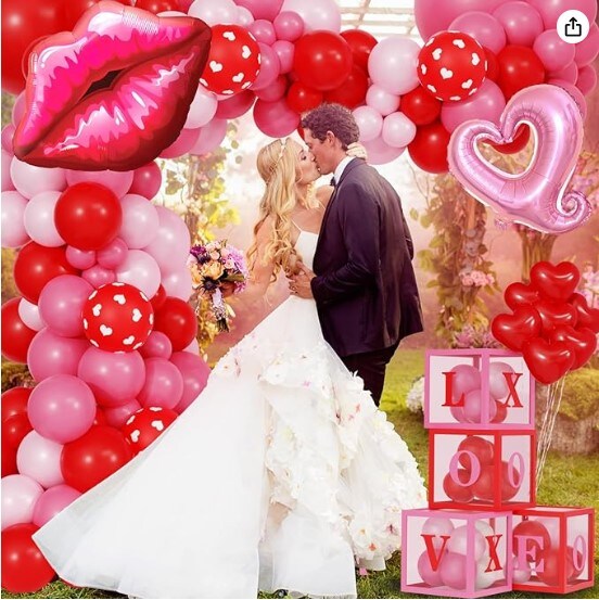155 Pink Red Valentines Party Decorations &#x26; 4 Letter Balloon Boxes XOXO LOVE Lips Heart for Ladies