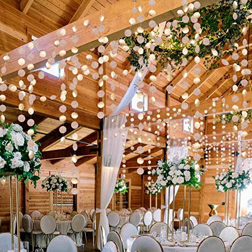4 strings of 13 feet  Glitter Champagne Gold Decorations Paper Circle Dots Garland Party Streamers Bunting Backdrop Hanging Decor Banner/Wedding/Bachelorette/Bridal Shower/Christmas/New Year/Home/Engagement/
