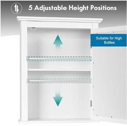 Bathroom Cabinet with Mirror, Mirrored Wall-Mounted Storage Medicine Cabinet w/Single Door &#x26; Adjustable Shelf in 5 Positions, Multipurpose Wall Cabinet for Bathroom (White)