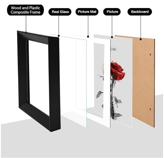 Real Glass Photo Frames for 4x6 with Mat or 5x7 without Mat, Composite Wood Picture Frames for Tabletop and Wall Mounting Display
