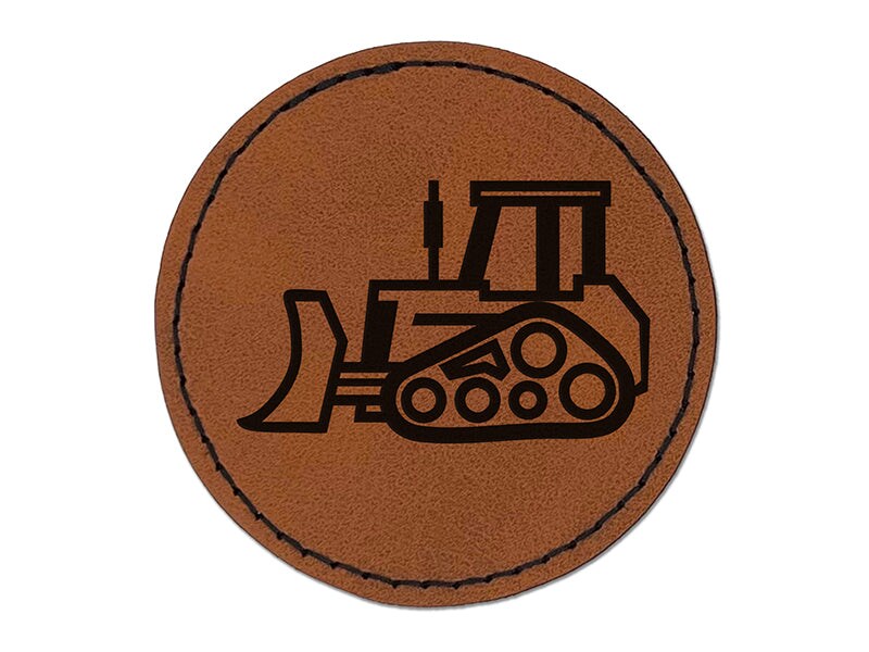 Bulldozer Dozer Construction Vehicle Round Iron-On Engraved Faux Leather Patch Applique - 2.5&#x22;