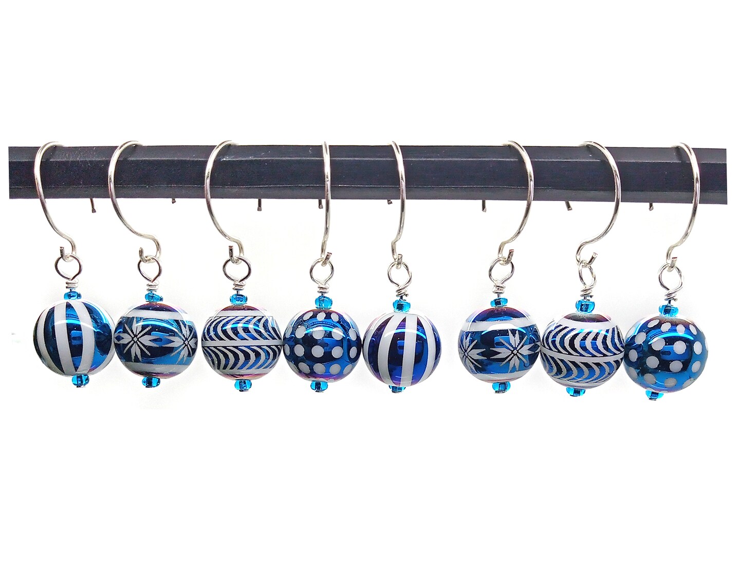 Miniature Christmas Tree Ornaments in Blue Glass, 8 pieces with Hooks, Adorabilities