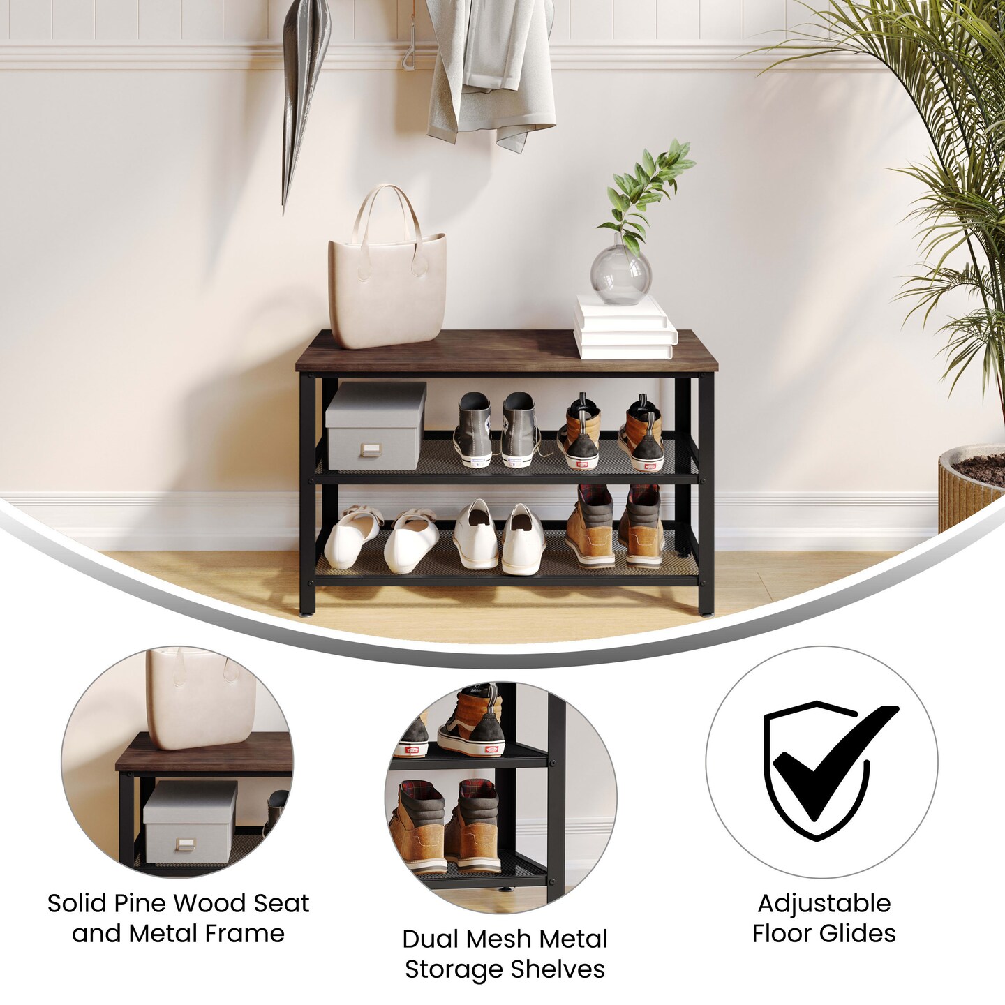 Emma and Oliver Isla 3-Tier Storage Bench with Metal Mesh Shelves for Entryway, Mudroom, or Bedroom