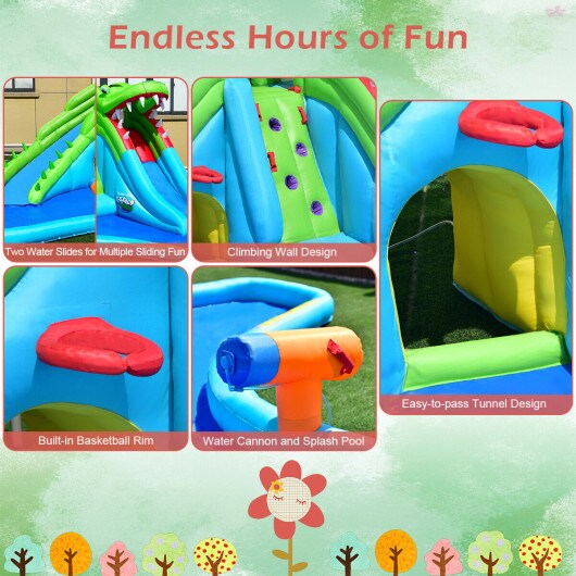 Crocodile-Themed Inflatable Water Slide and Bounce House with Climbing Wall