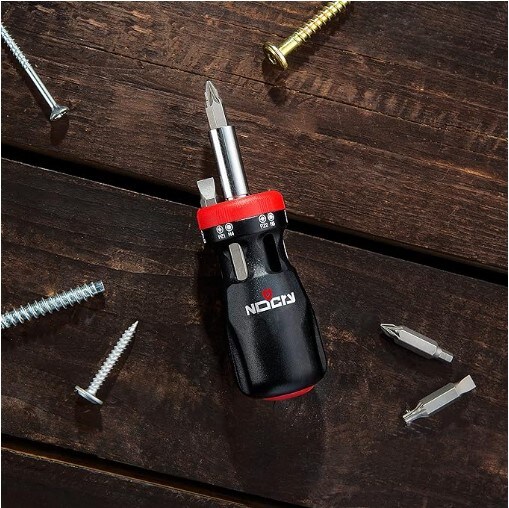 Stubby Ratcheting Screwdriver Kit includes a 12-in-1 Mini Bit Set with Flathead, Hex, Torx, and Pozidriv Tips.