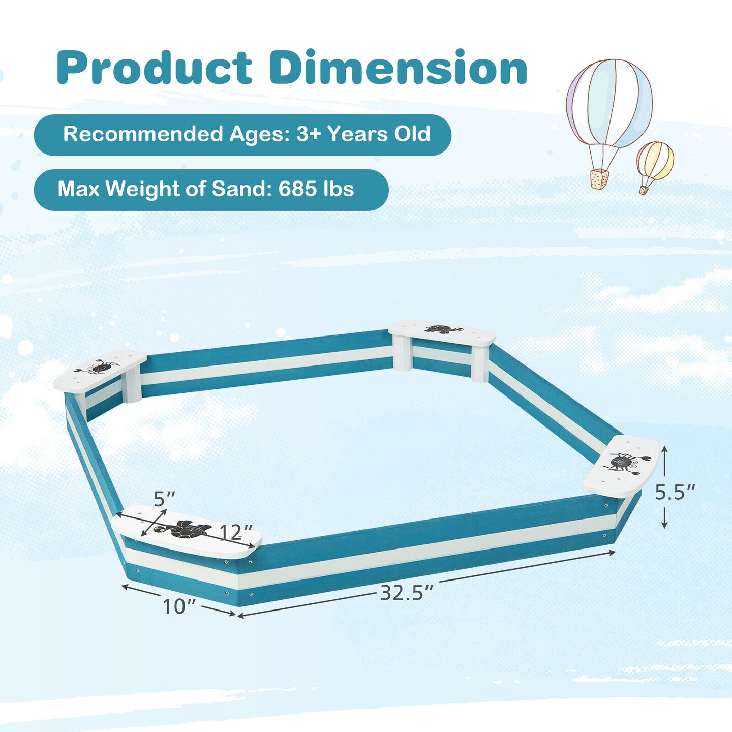 Wooden Kids Sandbox with 4 Built In Seats Cedar Wood Blue White