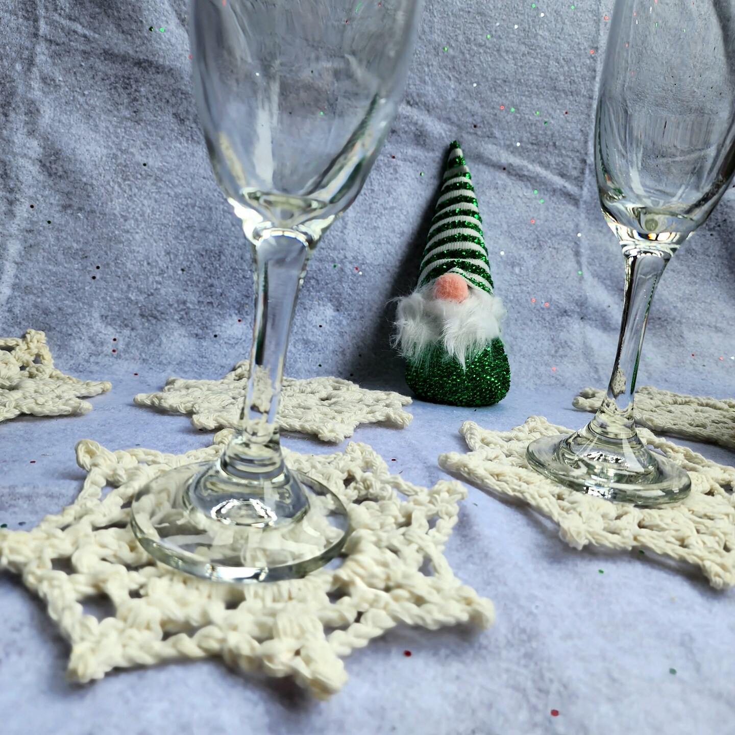 Crochet coaster set (6 pcs) Sparkling Snow - Christmas crochet coasters - Sustainable coasters for your holidays product 5