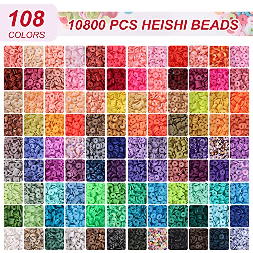 QUEFE 10800pcs Clay Beads for Friendship Bracelet Making Kit, 108 Colors  Polymer Heishi Beads for Girls 8-12, Letter Beads for Jewelry Making Kit,  for