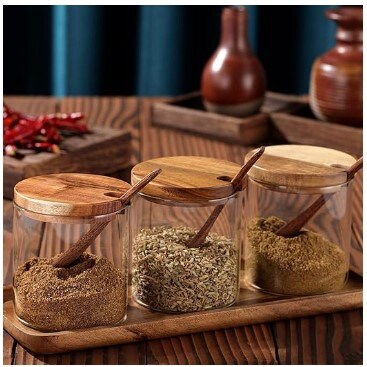 3 Pack Clear Glass Seasoning Jar with Wooden Lid and Spoon, Adorable Sugar Bowl Bath Salt Storage Container, Kitchen Pepper