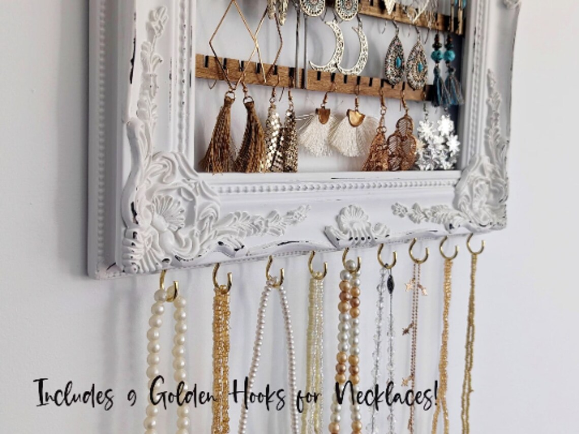 Distressed White Wall Hanging Earring Organizer, Wall Jewelry