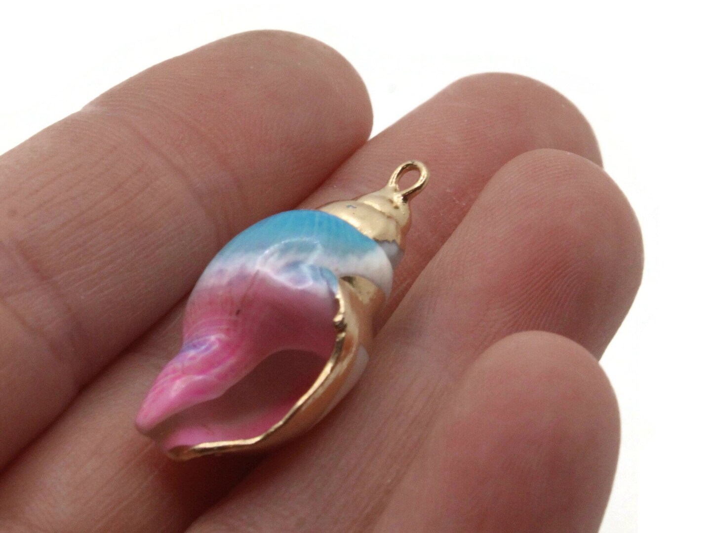 Blue Pink and Gold Spiral Seashell Large Pendant Beach Charm